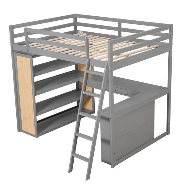HomeRoots Gray Multifunctional Full Double Loft Bed with Integrated Desk, Shelves, and Space-Saving Design 606586