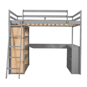 HomeRoots Gray Multifunctional Full Double Loft Bed with Integrated Desk, Shelves, and Space-Saving Design 606586