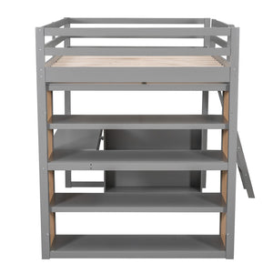 HomeRoots Gray Multifunctional Full Double Loft Bed with Integrated Desk, Shelves, and Space-Saving Design 606586