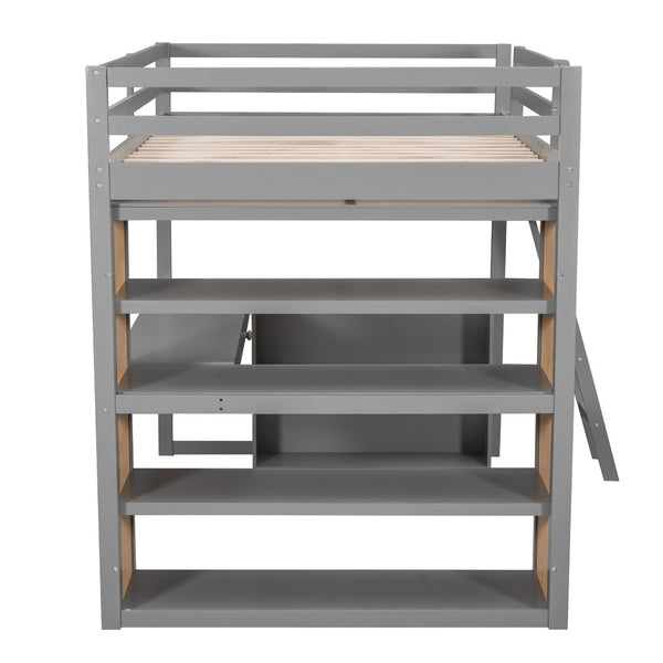 HomeRoots Gray Multifunctional Full Double Loft Bed with Integrated Desk, Shelves, and Space-Saving Design 606586