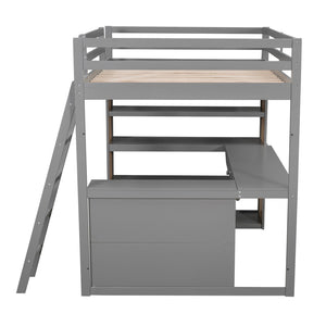 HomeRoots Gray Multifunctional Full Double Loft Bed with Integrated Desk, Shelves, and Space-Saving Design 606586