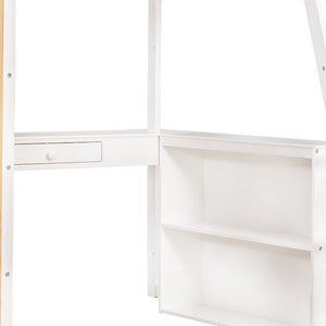 HomeRoots White Slat Wood Loft Bed with Integrated Desk & Shelves for Space-Saving Multifunctional Rooms 606587