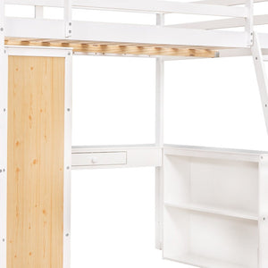 HomeRoots White Slat Wood Loft Bed with Integrated Desk & Shelves for Space-Saving Multifunctional Rooms 606587