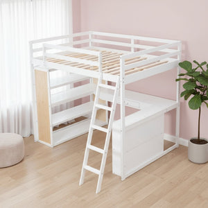 HomeRoots White Slat Wood Loft Bed with Integrated Desk & Shelves for Space-Saving Multifunctional Rooms 606587