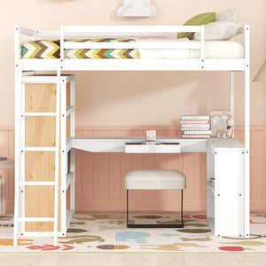 HomeRoots White Slat Wood Loft Bed with Integrated Desk & Shelves for Space-Saving Multifunctional Rooms 606587