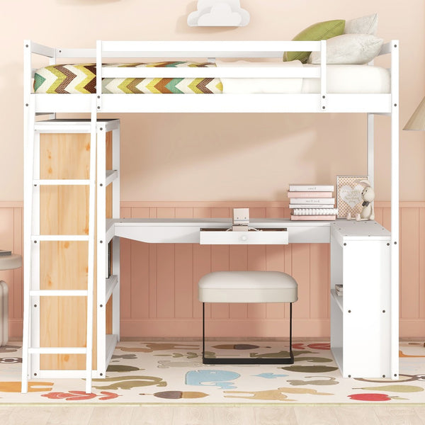 HomeRoots White Slat Wood Loft Bed with Integrated Desk & Shelves for Space-Saving Multifunctional Rooms 606587