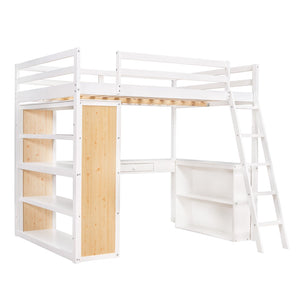 HomeRoots White Slat Wood Loft Bed with Integrated Desk & Shelves for Space-Saving Multifunctional Rooms 606587