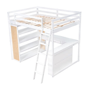 HomeRoots White Slat Wood Loft Bed with Integrated Desk & Shelves for Space-Saving Multifunctional Rooms 606587