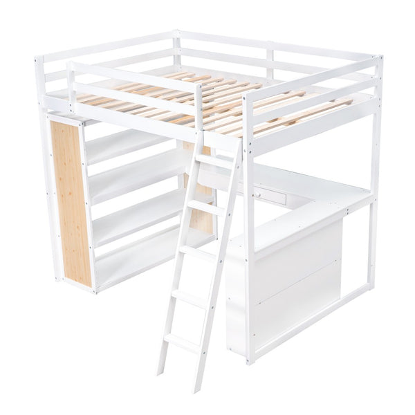HomeRoots White Slat Wood Loft Bed with Integrated Desk & Shelves for Space-Saving Multifunctional Rooms 606587