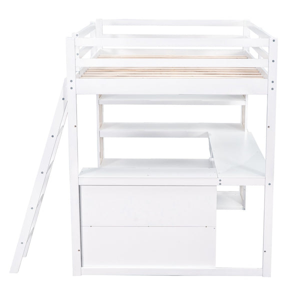 HomeRoots White Slat Wood Loft Bed with Integrated Desk & Shelves for Space-Saving Multifunctional Rooms 606587