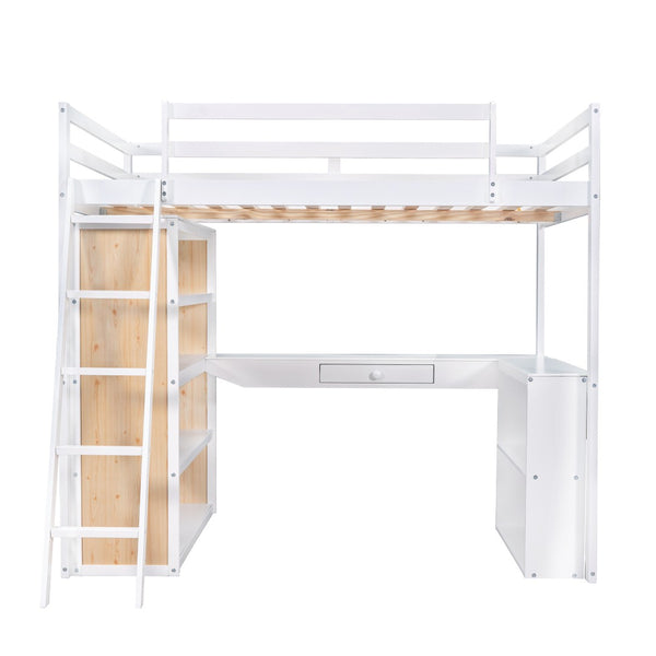 HomeRoots White Slat Wood Loft Bed with Integrated Desk & Shelves for Space-Saving Multifunctional Rooms 606587