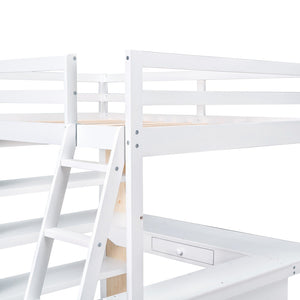HomeRoots White Slat Wood Loft Bed with Integrated Desk & Shelves for Space-Saving Multifunctional Rooms 606587