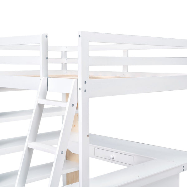 HomeRoots White Slat Wood Loft Bed with Integrated Desk & Shelves for Space-Saving Multifunctional Rooms 606587