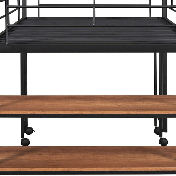 HomeRoots Black Twin Loft Bed with Integrated Desk & Shelves – Space-Saving Metal Design for Kids’ Rooms 606588