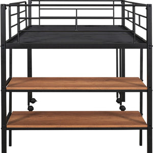 HomeRoots Black Twin Loft Bed with Integrated Desk & Shelves – Space-Saving Metal Design for Kids’ Rooms 606588