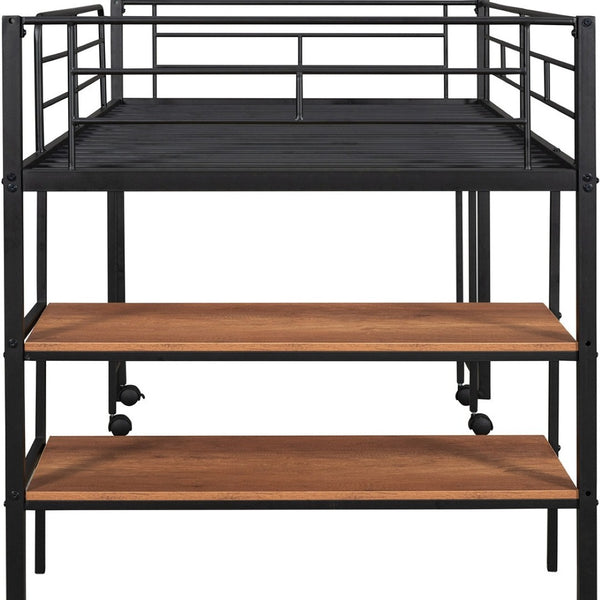 HomeRoots Black Twin Loft Bed with Integrated Desk & Shelves – Space-Saving Metal Design for Kids’ Rooms 606588