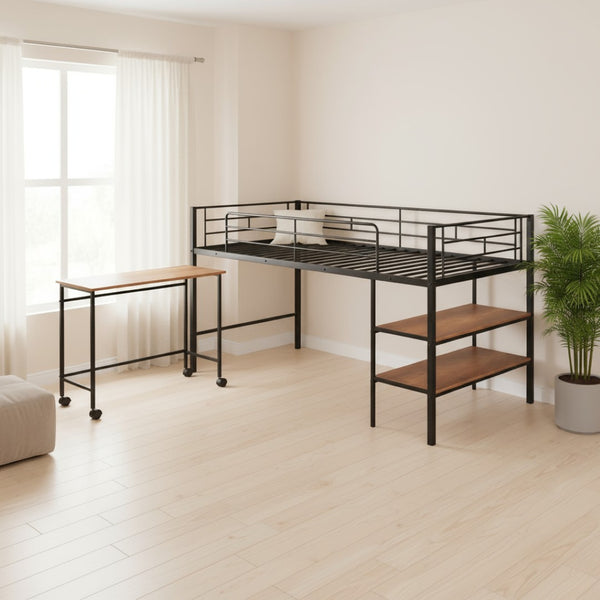 HomeRoots Black Twin Loft Bed with Integrated Desk & Shelves – Space-Saving Metal Design for Kids’ Rooms 606588