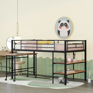 HomeRoots Black Twin Loft Bed with Integrated Desk & Shelves – Space-Saving Metal Design for Kids’ Rooms 606588