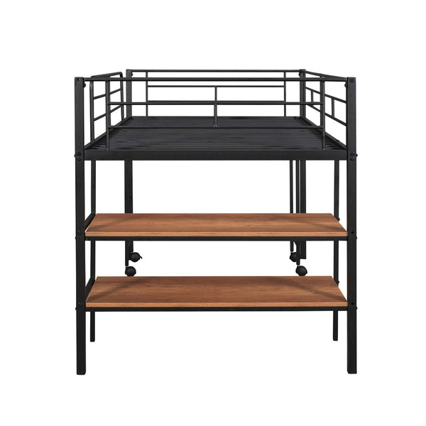 HomeRoots Black Twin Loft Bed with Integrated Desk & Shelves – Space-Saving Metal Design for Kids’ Rooms 606588
