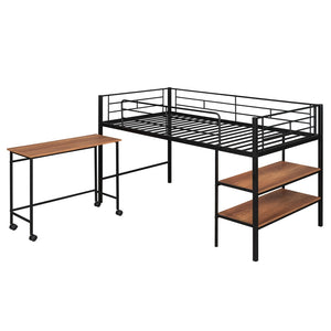 HomeRoots Black Twin Loft Bed with Integrated Desk & Shelves – Space-Saving Metal Design for Kids’ Rooms 606588