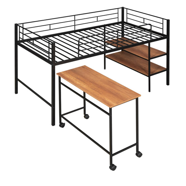 HomeRoots Black Twin Loft Bed with Integrated Desk & Shelves – Space-Saving Metal Design for Kids’ Rooms 606588