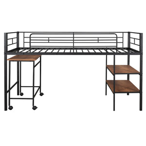 HomeRoots Black Twin Loft Bed with Integrated Desk & Shelves – Space-Saving Metal Design for Kids’ Rooms 606588