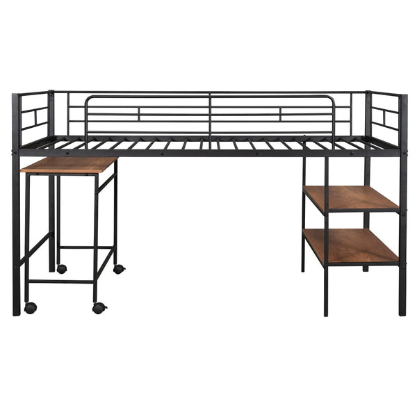 HomeRoots Black Twin Loft Bed with Integrated Desk & Shelves – Space-Saving Metal Design for Kids’ Rooms 606588