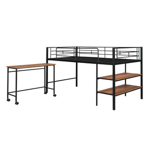 HomeRoots Black Twin Loft Bed with Integrated Desk & Shelves – Space-Saving Metal Design for Kids’ Rooms 606588
