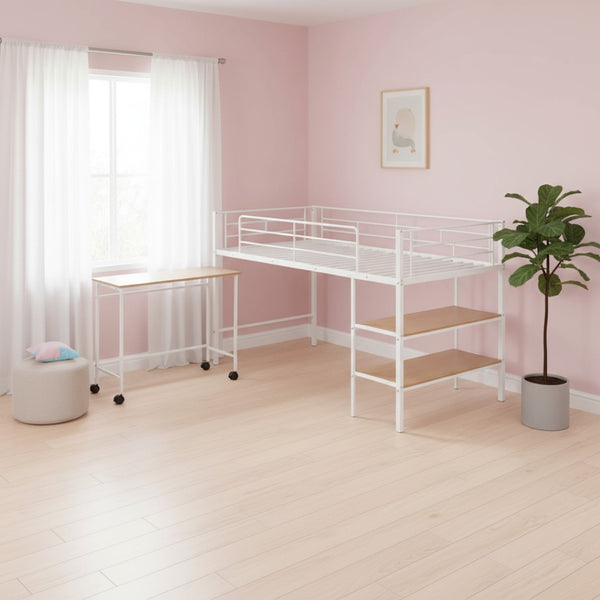 HomeRoots White Twin Loft Bed with Desk & Shelves - Space-Saving Metal Frame for Modern Bedrooms & Study Spaces 606589