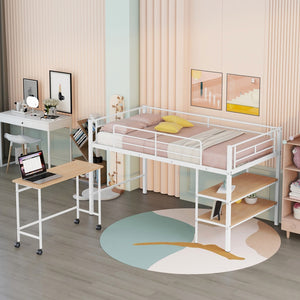 HomeRoots White Twin Loft Bed with Desk & Shelves - Space-Saving Metal Frame for Modern Bedrooms & Study Spaces 606589