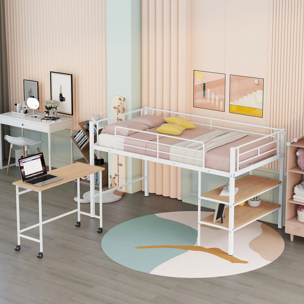 HomeRoots White Twin Loft Bed with Desk & Shelves - Space-Saving Metal Frame for Modern Bedrooms & Study Spaces 606589