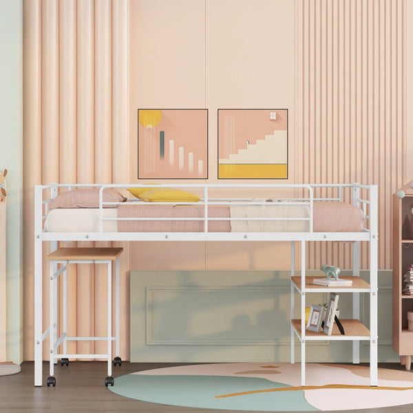 HomeRoots White Twin Loft Bed with Desk & Shelves - Space-Saving Metal Frame for Modern Bedrooms & Study Spaces 606589