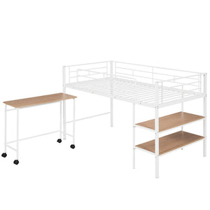 HomeRoots White Twin Loft Bed with Desk & Shelves - Space-Saving Metal Frame for Modern Bedrooms & Study Spaces 606589