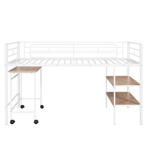 HomeRoots White Twin Loft Bed with Desk & Shelves - Space-Saving Metal Frame for Modern Bedrooms & Study Spaces 606589