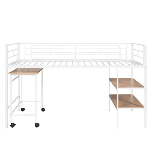 HomeRoots White Twin Loft Bed with Desk & Shelves - Space-Saving Metal Frame for Modern Bedrooms & Study Spaces 606589