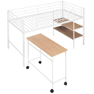 HomeRoots White Twin Loft Bed with Desk & Shelves - Space-Saving Metal Frame for Modern Bedrooms & Study Spaces 606589