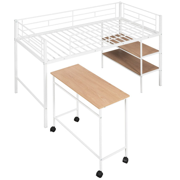 HomeRoots White Twin Loft Bed with Desk & Shelves - Space-Saving Metal Frame for Modern Bedrooms & Study Spaces 606589