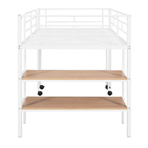 HomeRoots White Twin Loft Bed with Desk & Shelves - Space-Saving Metal Frame for Modern Bedrooms & Study Spaces 606589
