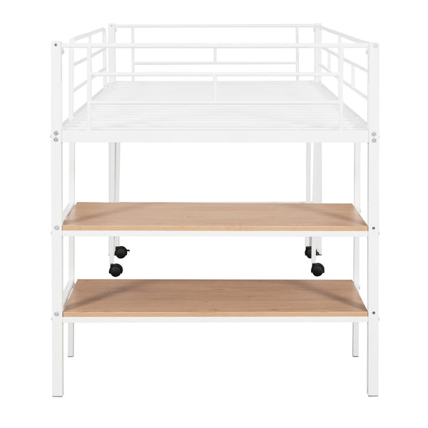 HomeRoots White Twin Loft Bed with Desk & Shelves - Space-Saving Metal Frame for Modern Bedrooms & Study Spaces 606589