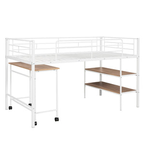 HomeRoots White Twin Loft Bed with Desk & Shelves - Space-Saving Metal Frame for Modern Bedrooms & Study Spaces 606589