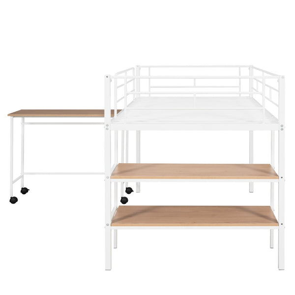 HomeRoots White Twin Loft Bed with Desk & Shelves - Space-Saving Metal Frame for Modern Bedrooms & Study Spaces 606589