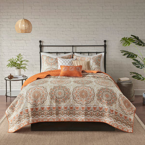 English Elm 6 Piece Reversible Quilt Set with Paisley Motif and Neutral Reverse, Embroidered Throw Pillows Included Orange 23.23 L x 18.11 W x 10.63 H B03597402