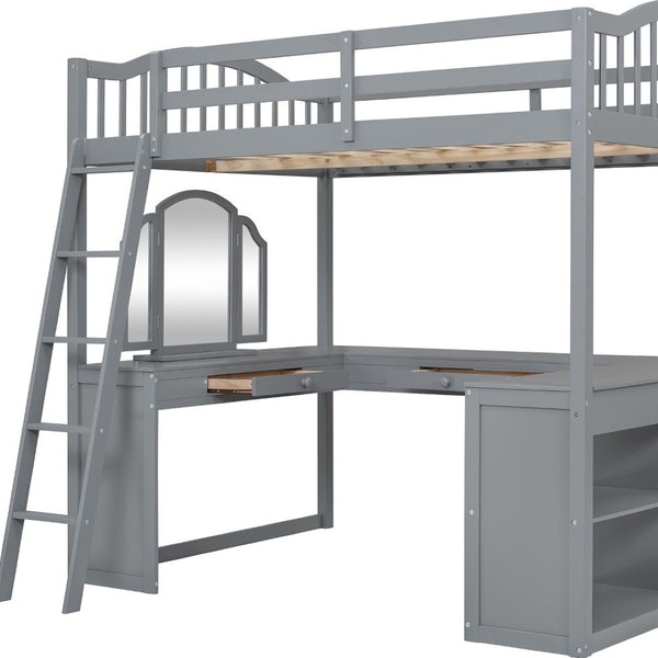 HomeRoots Gray Slat Wood Full Loft Bed with Integrated Desk, Shelves & Storage for Stylish Space Saving Solutions 606590