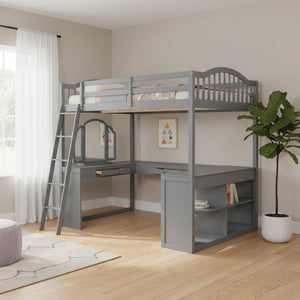 HomeRoots Gray Slat Wood Full Loft Bed with Integrated Desk, Shelves & Storage for Stylish Space Saving Solutions 606590