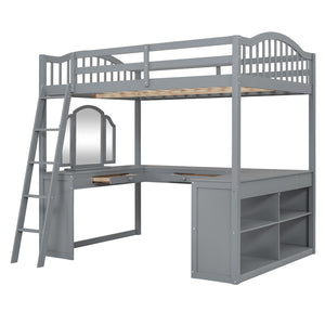 HomeRoots Gray Slat Wood Full Loft Bed with Integrated Desk, Shelves & Storage for Stylish Space Saving Solutions 606590