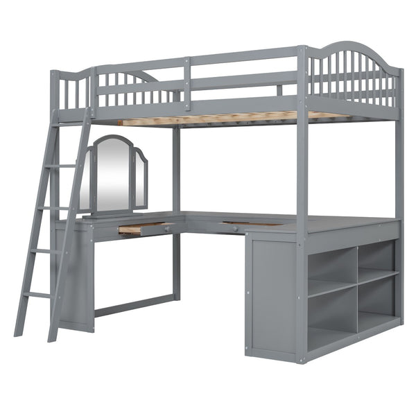 HomeRoots Gray Slat Wood Full Loft Bed with Integrated Desk, Shelves & Storage for Stylish Space Saving Solutions 606590