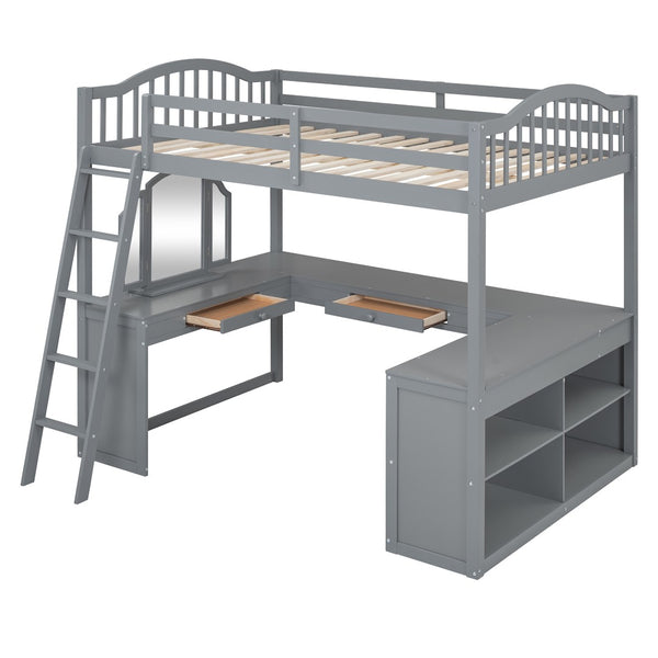 HomeRoots Gray Slat Wood Full Loft Bed with Integrated Desk, Shelves & Storage for Stylish Space Saving Solutions 606590