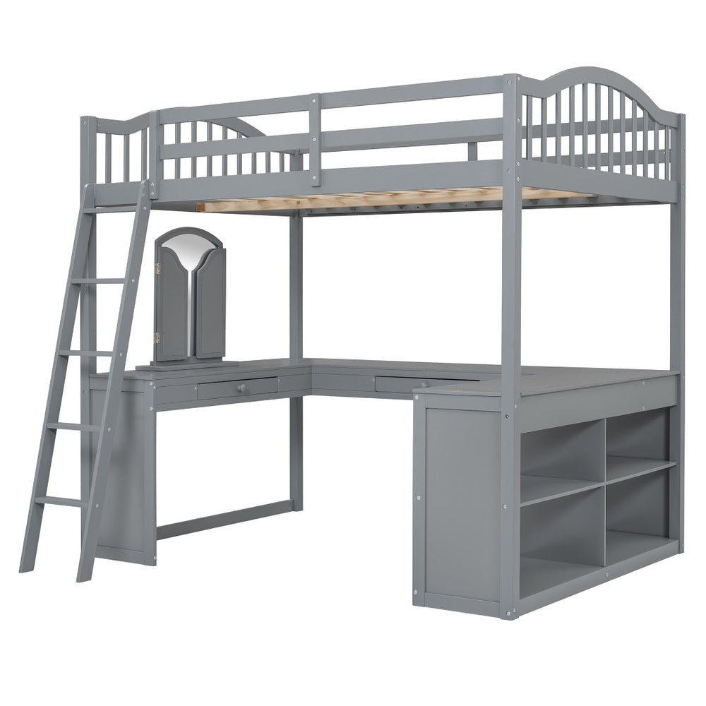 HomeRoots Gray Slat Wood Full Loft Bed with Integrated Desk, Shelves & Storage for Stylish Space Saving Solutions 606590