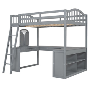 HomeRoots Gray Slat Wood Full Loft Bed with Integrated Desk, Shelves & Storage for Stylish Space Saving Solutions 606590