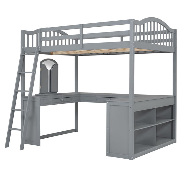 HomeRoots Gray Slat Wood Full Loft Bed with Integrated Desk, Shelves & Storage for Stylish Space Saving Solutions 606590